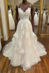 Champagne v neck tulle lace long Evening Prom Dress, champagne lace evening Dress
