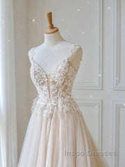 Champagne V Neck Tulle Lace Long Evening Prom Dress Evening Dress A Line Sleeveless Formal Dress