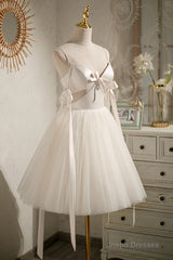 Champagne V-Neck Tulle Short Prom Dress, Spaghetti Straps Party Dress with Bow