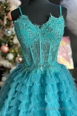 Periwinkle Lace Sweetheart Tiered Long Evening Prom Dress with Ruffles