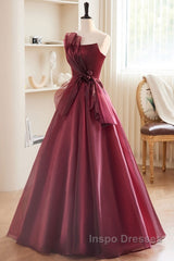 Charming And Elegant Wine Red Sleeveless Off Shoulder Ball Dress, Wine Red A-Shaped Princess Strapless Butterfly Tie With Backless Strap And Ground Length Evening Prom Dress