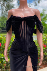 Charming Black Long Mermaid Off the Shoulder Velvet Evening Prom Dress with Slit