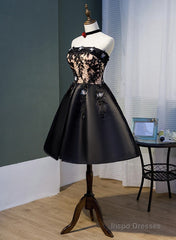 Charming Black Satin with Lace Applique Homecoming Dress, Knee Length Prom Dress