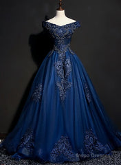 Charming Blue Off the Shoulder Long Sweet 16 Dress, Handmade Party Gown