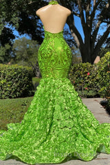 Charming Long Mermaid Halter Satin Lace Backless Evening Prom Dress