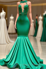 Charming Long Mermaid Halter Stretch Satin Lace Backless Evening Prom Dress