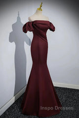 Charming Maroon Satin Mermaid Off Shoulder Evening Prom Dress, Maroon Party Dress