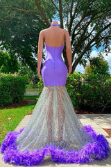 Charming Purple Long Mermaid Halter Satin Tulle Evening Prom Dress