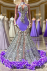 Charming Purple Long Mermaid Halter Satin Tulle Evening Prom Dress