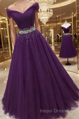 Charming Sequins Off Shoulder Dark Purple Long Evening Prom Dress, Off the Shoulder Dark Purple Formal Evening Dress