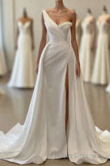 Charming White Long Mermaid One Shoulder Satin Beading Formal Evening Prom Dress