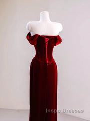 Charming Wine Red Mermaid Off Shoulder Velvet Formal Dress, Wine Red Long Evening Prom Dress