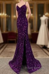 Cheap Dark Purple Evening Prom Dress Sequin Mermaid Formal Evening Dress Split