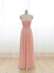 Cheap Pink Straps Chiffon Pleats Backless Bridesmaid Dress