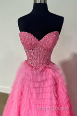 Yellow Lace-Up Floral Multi-Layers Strapless A-line Long Evening Prom Dress