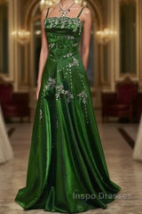 Chic A Line Spaghetti Straps Green Satin Evening Dress Long Evening Prom Dress