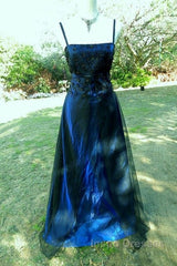 Chic A Line Spaghetti  Straps Navy Blue Tulle Evening Dress Long Evening Prom Dress