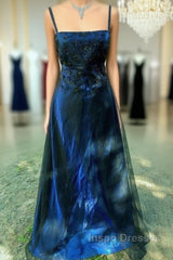 Chic A Line Spaghetti  Straps Navy Blue Tulle Evening Dress Long Evening Prom Dress