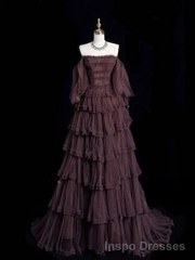 Chic Ball Gown Off The Shoulder Long Sleeves Evening Dress Tulle Long Prom Dresses