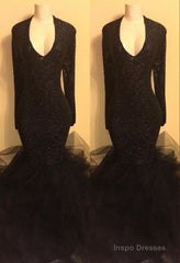 Chic black sequins prom dress, ruffles evening dress