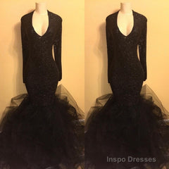 Chic black sequins prom dress, ruffles evening dress