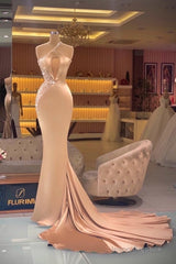 Chic Champagne Sleeveless Mermaid Prom Dresses Long Evening Gowns