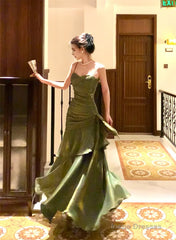 Chic Green Straps Sweetheart Long Formal Dress, Green Prom Dress Evening Dress
