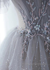 Chic Grey Beaded Layers Tulle Long Formal Dress, Grey Off Shoulder Evening Prom Dress