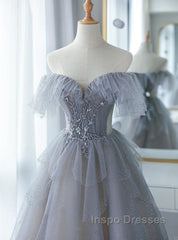 Chic Grey Beaded Layers Tulle Long Formal Dress, Grey Off Shoulder Evening Prom Dress