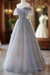 Chic Grey Beaded Layers Tulle Long Formal Dress, Grey Off Shoulder Evening Prom Dress