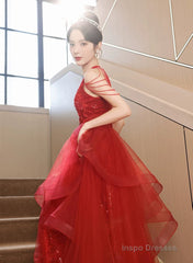Chic Red Tulle Halter A-Line Long Evening Dress, Tulle Prom Dress Party Dress