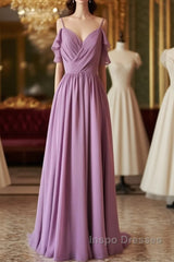 Chiffon Dusty Purple Wedding Guest Dress Straps Long Bridesmaid Dress