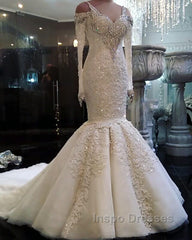 Classic Mermaid Long Sleeves Bridal Gowns Lace Wedding Dress with Sleeves