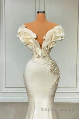 Classic White Mermaid V-Neck Satin Pearl Ruffle Long Evening Prom Dress Elegant Evening Dress