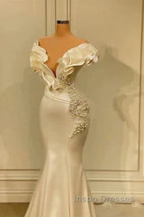 Classic White Mermaid V-Neck Satin Pearl Ruffle Long Evening Prom Dress Elegant Evening Dress