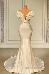 Classic White Mermaid V-Neck Satin Pearl Ruffle Long Evening Prom Dress Elegant Evening Dress