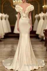 Classic White Mermaid V-Neck Satin Pearl Ruffle Long Evening Prom Dress Elegant Evening Dress