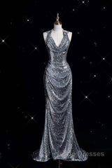 Classy Mermaid Halter Silver Sequin Long Evening Dress Sexy Evening Prom Dress
