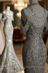 Classy Mermaid Off The Shoulder Silver Sequin Long Party Dress Evening Prom Dress