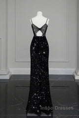 Classy Mermaid Spaghetti Straps Black Sequin Slit Long Evening Gowns Evening Prom Dress