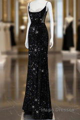 Classy Mermaid Spaghetti Straps Black Sequin Slit Long Evening Gowns Evening Prom Dress