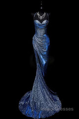 Classy Mermaid Spaghetti Straps Navy Blue Sequin Long Evening Gowns Evening Prom Dress