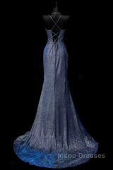 Classy Mermaid Spaghetti Straps Navy Blue Sequin Long Evening Gowns Evening Prom Dress