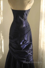 Classy Mermaid Strapless Navy Blue Organza Long Evening Gowns Evening Prom Dress
