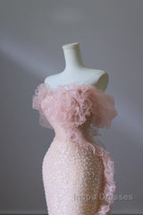 Classy Mermaid Strapless Pink Sequin Long Evening Dress Evening Prom Dress