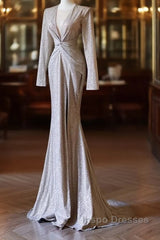 Classy Mermaid V Neckline Long Sleeves Sequin Ruffles Long Evening Dress Evening Prom Dress