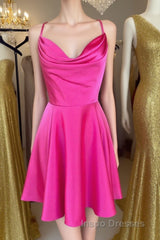 Cowl Neck Short Pink Evening Prom Dress, Short Pink Graduation Homecoming Dress