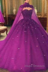 Crystals Purple Ball Gown Evening Prom Dress With Cape Sweet 16 Quinceanera Dress