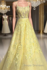 Custom Made Backless Yellow Lace Floral Long Evening Prom Dress, Yellow Lace Formal Graduation Evening Dress