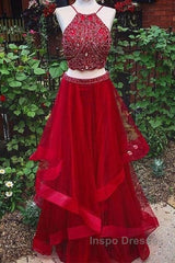 Custom Made Red Two Pieces Sequin Long Evening Prom Dress, Evening Dress